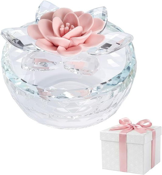 Crystal Jewelry Box, Small Glass Trinket Jar with Lid, Clear Lotus Flower Storage Holder for Women, Elegant Organizer Dish for Ring, Earrings, Necklace, Gift (Pink Flower)