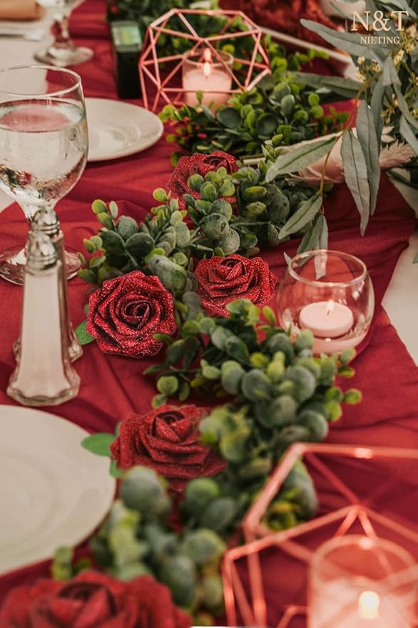 N&T NIETING Artificial Flowers Glowing Red Flowers Foam 25pcs Glitter Roses Real Looking Fake Roses with Stem for Valentine's Day DIY Wedding Bouquets Centerpieces Bridal Shower Party Home Decorations