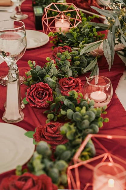 N&T NIETING Artificial Flowers Glowing Red Flowers Foam 25pcs Glitter Roses Real Looking Fake Roses with Stem for Valentine's Day DIY Wedding Bouquets Centerpieces Bridal Shower Party Home Decorations