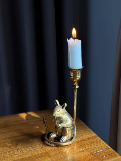 Vintage Brass Mouse Candleholder, Bookshelf Decor Antique Patina Taper Candle Holder mice Home Decor Gift, Reading Lover Gift