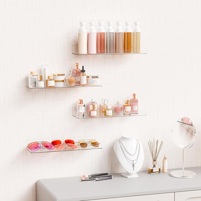 Yieach 8 Pack 15" Acrylic Shelves for Wall,Bathroom,Bedroom - with Adhesive - No Drilling Clear Floating Shelves for Funko Pop,Lego,Action Figures,Nail Polish,Perfume Shelf and Wall Storage & Display