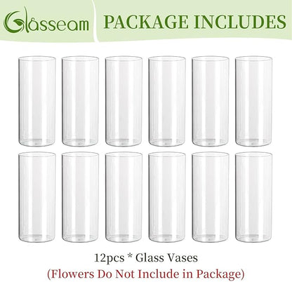 Glasseam Glass Cylinder Vases for Centerpieces, Clear Flower Vase Set of 12, Modern Floating Candle Vases Decor, Decorative Hurricane Pillar Candle Holders for Wedding Dining Table Decorations, 8in