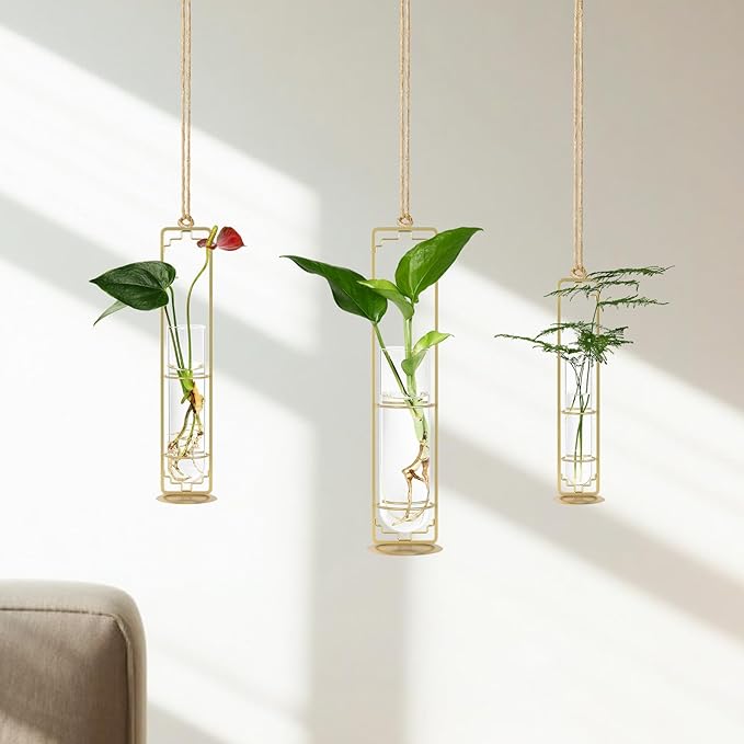 MIPON Plant Propagation Stations,Hanging Glass Propagation Test Tube Vases for Plants with Gold Metal Stand for Hydroponic Cutting Home Garden Office Decor-Gold