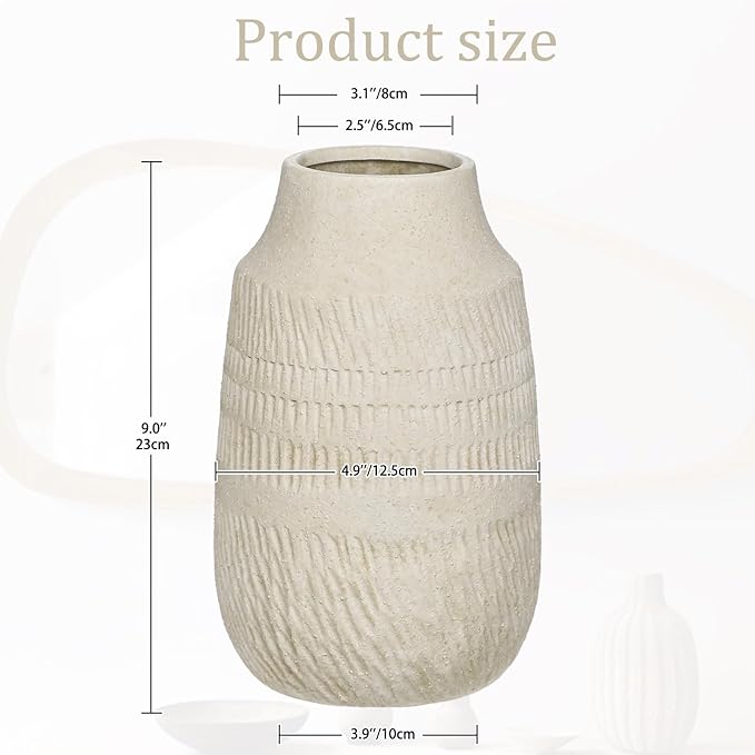 9" Pottery Vase with Sand-Grain Textured, Rustic Ceramic Vase for Mediterranean, Vintage & Farmhouse Style on Desktop Decor, Slender & Beige White