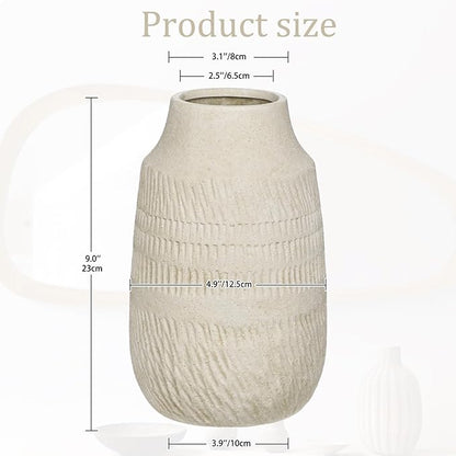 9" Pottery Vase with Sand-Grain Textured, Rustic Ceramic Vase for Mediterranean, Vintage & Farmhouse Style on Desktop Decor, Slender & Beige White