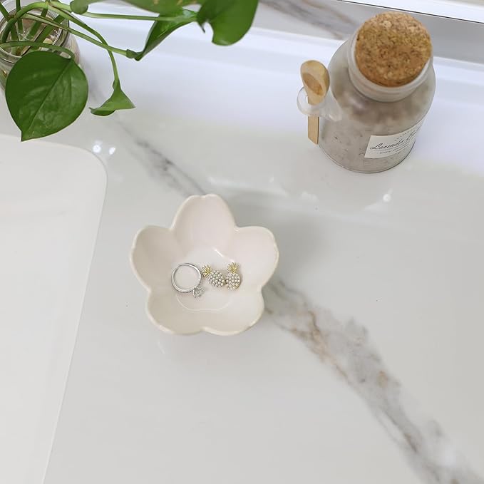 Flower Ring Dish Holder,Jewelry Dish Tray,Small Trinket Tray,Jewelry Plate Bowl,Key Bowl,Decorative Plate,Birtdhay Christmas Gifts for Women Friends,Ceramic Kiln effect White