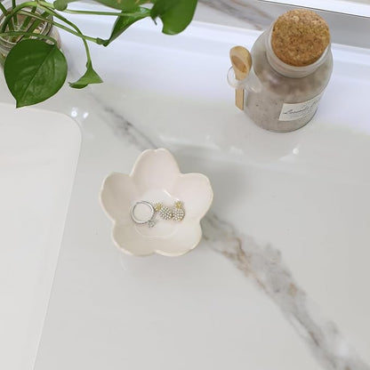 Flower Ring Dish Holder,Jewelry Dish Tray,Small Trinket Tray,Jewelry Plate Bowl,Key Bowl,Decorative Plate,Birtdhay Christmas Gifts for Women Friends,Ceramic Kiln effect White
