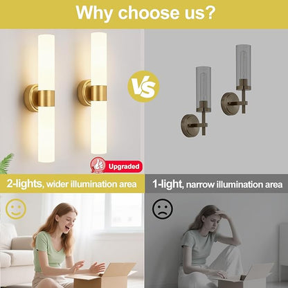 Wall Sconces Set of Two, Modern Bathroom Sconces Wall Lighting with Milky White Glass, Brushed Gold Sconces Wall Decor Set of 2 for Bathroom Mirror Bedroom Living Room Hallway