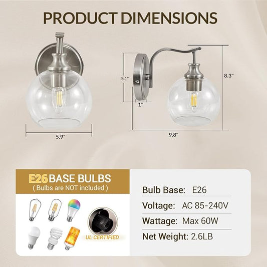 ANDY STAR Brushed Nickel Bathroom Light Fixtures, 1-Light Vanity Lights, Modern Bathroom Wall Sconces Lighting with Globe Clear Glass Shade Up or Down Wall Mounted for Kitchen, Living Room, Hallway