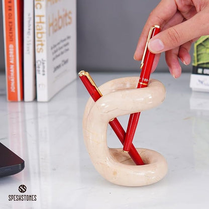 Marble Pen Holder For Desk 4 Inch Beige Stone Pen Organizer & Pencil Holder for Desk Accessories & Workspace Organizers - Stationary Holders for Gifts & Office Decor