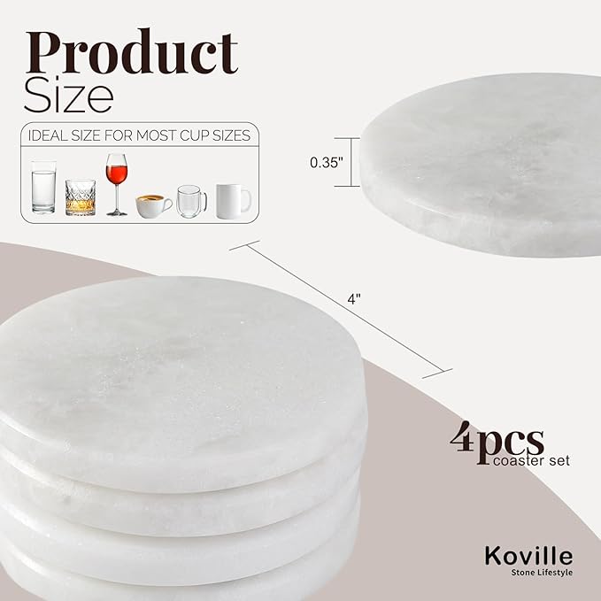 Koville Marble Coaster Set of 4, Round White Coasters, 4" Cup Coasters for Drinks, Heat Resistant Coaster for Coffee Table Home Office Bar Decor(Namib Fantasy)
