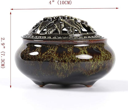Incense Burner with Calabash Incense Stick Holder - Porcelain Charcoal Censer for Use with Resin Granular Powder Cone or Coil Incense (Fambe Green)