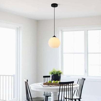 KCO Lighting Milk Glass Globe Pendant Lights Kitchen Island Industrial Vintage Ribbed Pendant Light Black Ceiling Hanging Light Fixture White Globe Pendant Light Fixture