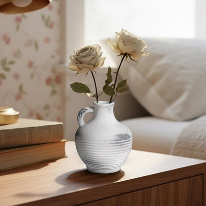 Rustic Farmhouse Vase, Ceramic Terracotta Vase with Handle, 6 inch Pottery Decorative Flower Vases for Home Decor, Table, Living Room, Bathroom, Shelf, Mantel Decor Grey
