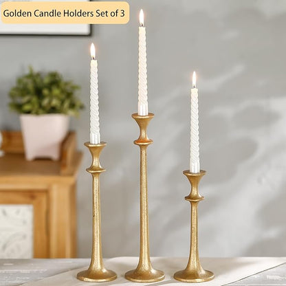 Gold Taper Candle Holders Set of 3, Heavy Candlestick Holders Decorative Candle Stand for Table Centerpiece, Cast Iron Candle Stick Holder Decor
