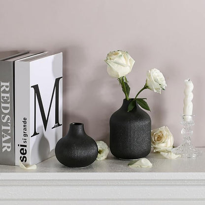 Dnnnii Modern Black Ceramic Vase Set of 3, Ribbed Texture Boho Minimalist Home Decor, Small Decorative Vases for Centerpiece, Shelf, Tabletop - Aesthetic Touch for Neutral & Transitional Spaces