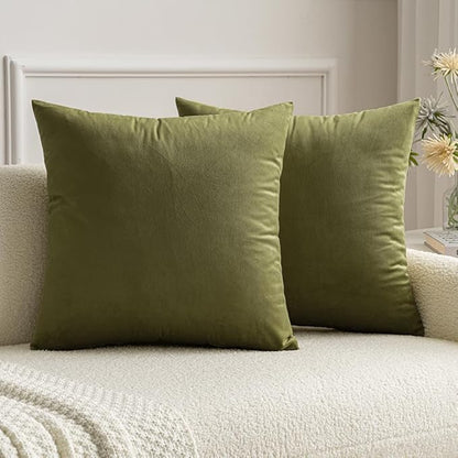 MIULEE 24x24 Inch Euro Sham Velvet Pillow Covers, Set of 2 Large Square Decorative Pillows -Olive Green Super Soft for King Bed, Sofa, Couch, Accent Chairs with Hidden Zipper