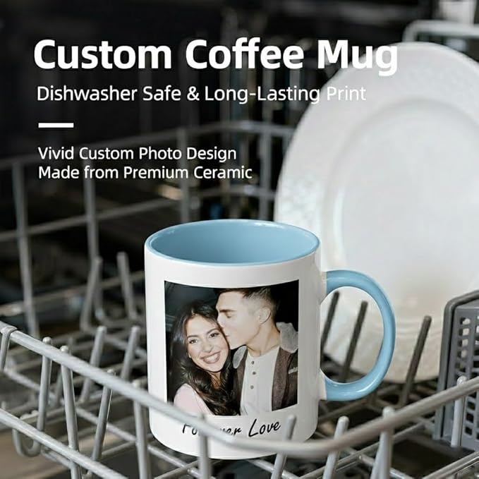Custom Photo Coffee Mug, Personalized Forever Love Design Ceramic Cup for Anniversary Boyfriend Girlfriend Dishwasher Safe, 11oz (Sky Blue)