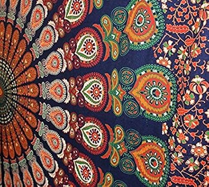 raajsee Blue Orange Tapestry Mandala Wall Hanging- Wall Tapestries For Bedroom - Aesthetic Tapestrys -Queen (82x92 Inches / 208x232 Cms)