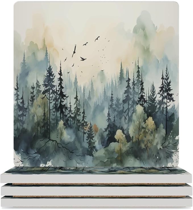 Forest Drink Coasters, Square Ceramic Drink Coaster 4PCS, Watercolor Style Nature Mountain Woodland Green Forest Flying Birds Decor Absorbent Ceramic Coasters for Beverage Cup, Bar, Coffee Table