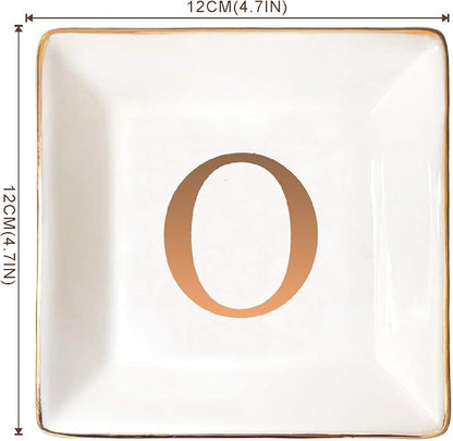 ANOTION Jewelry Tray Ring Dish with Ini-tial Gift- Personalized Trinket Dish and Jewelry Dish with Gold Initials Key Bowl Ceramic Holder, Unique Wedding or Engagement Present