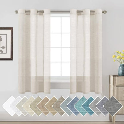 H.VERSAILTEX Linen Curtains Nickel Grommet Natural Linen Semi-Sheer Curtains 2 Panels Privacy Added Premium Soft Rich Material Drapes for Bedroom/Living Room - 37x63 Inch- Natural