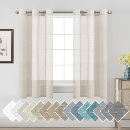H.VERSAILTEX Linen Curtains Nickel Grommet Natural Linen Semi-Sheer Curtains 2 Panels Privacy Added Premium Soft Rich Material Drapes for Bedroom/Living Room - 37x63 Inch- Natural
