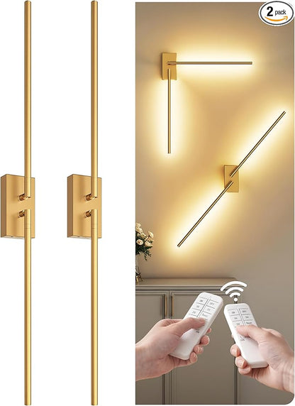 38.6" Wireless Battery Operated Wall Sconces Set of Two,Rechargeable Lamp with Remote, DIY Rotation, 10000mAh Battery, Touch Dimmable Lights for Living Room Hallway Bedroom, Gold D08YBP205