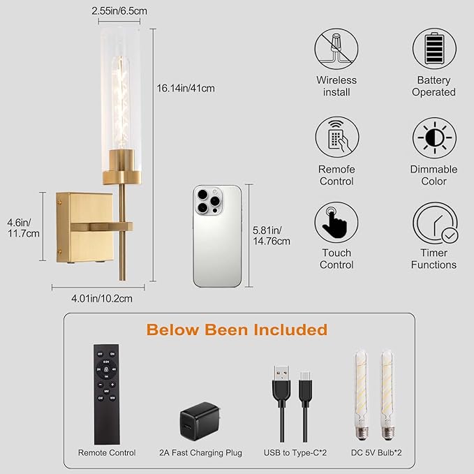 Battery Operated Wall Sconce,Rechargeable Wall Light 8000mAh Fast Chargin Dimmable 3000K/6000K 2Color Bulbs Endurance 100 Hours Infinitely with Remote Control Wall Sconce Set of 2 for Bedroom Living