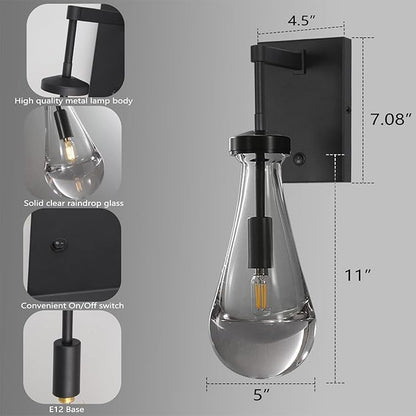 HuisMier Raindrop Wall Sconces, Black Wall Sconces with On/Off Switch, Modern Clear Glass Wall Lamp Vanity Light Fixtures for Bathroom Bedroom Living Room Hallway, Hardwired