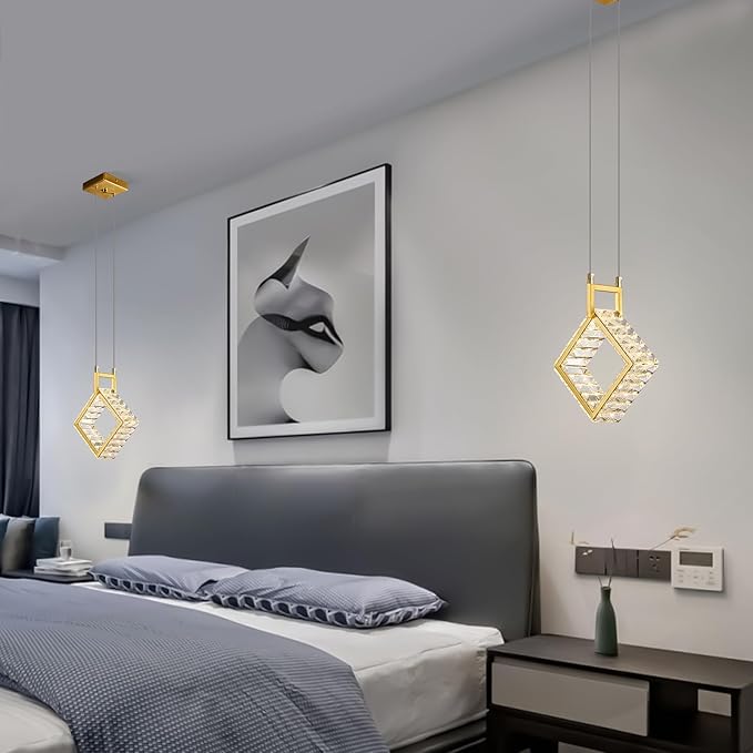 Kitchen Island Mini Light Fixture Modern Led Crystal Pendant Light Gold Square Chandelier for Dining Room Living Room Kitchen Bedroom Bar（1-Pack）…