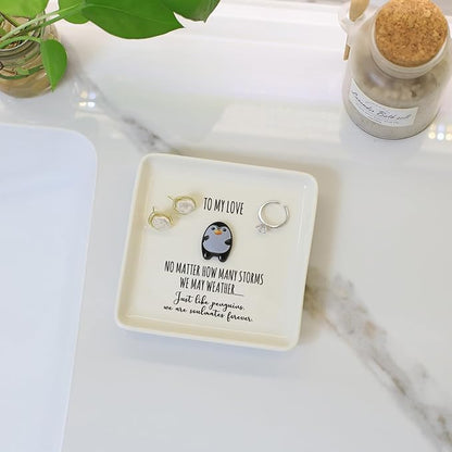 HOME SMILE Ramantic Valentines Christmas Gifts for Girlfriend Her Wife Couples Ring Dish Jewelry Tray,To My Love Penguin Present Valentines,Wedding Aniversary Birthday Gift For Women