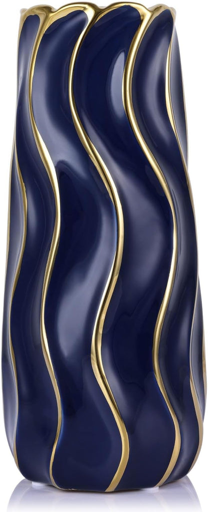 11.5" Blue Ceramic Vase - Minimalist Blue and Gold Flower Vase, Blue Decor Large Pampas Grass Vase, Boho Decorative Centerpiece Vase for Home Decor, Table, Shelf, Mantel, and Entryway