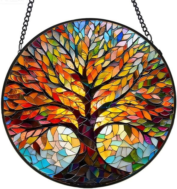 Stained Glass Window Hanging, Tree of Life Sun Catcher, Sun Catchers Indoor Window, Colorful Glass Panel,Suncatcher Room Decor,Gifts for Grandma Mom Wife,Aunt Birthday Gifts for Women 7.8in