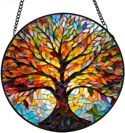 Stained Glass Window Hanging, Tree of Life Sun Catcher, Sun Catchers Indoor Window, Colorful Glass Panel,Suncatcher Room Decor,Gifts for Grandma Mom Wife,Aunt Birthday Gifts for Women 7.8in