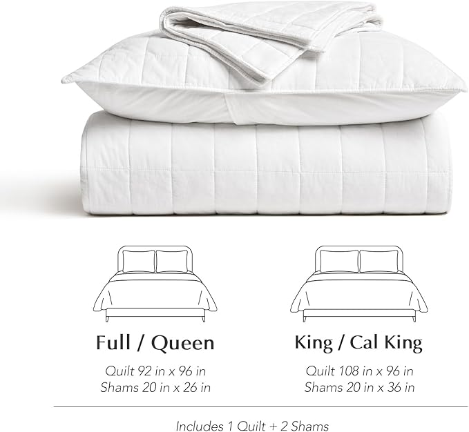 EVERGRACEHOME 100% Cotton Box Stitch Quilt Bedding Set King Size 3 Pieces, Garment-Washed Lightweight Soft Cozy Coverlet, Oversized Quilted Bedspread Sets with 2 Shams for All Season, Bright White