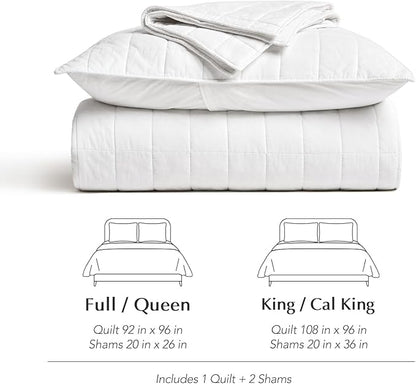 EVERGRACEHOME 100% Cotton Box Stitch Quilt Bedding Set King Size 3 Pieces, Garment-Washed Lightweight Soft Cozy Coverlet, Oversized Quilted Bedspread Sets with 2 Shams for All Season, Bright White