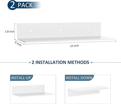 Sezanrpt 2 Pack White Acrylic Floating Shelves 15 Inches, Wall Hanging Bathroom Shelves, Wall Storage Shelf for Kitchen, Dining Room, Living Room, Bedroom, Bathroom, Retail, Supermarket