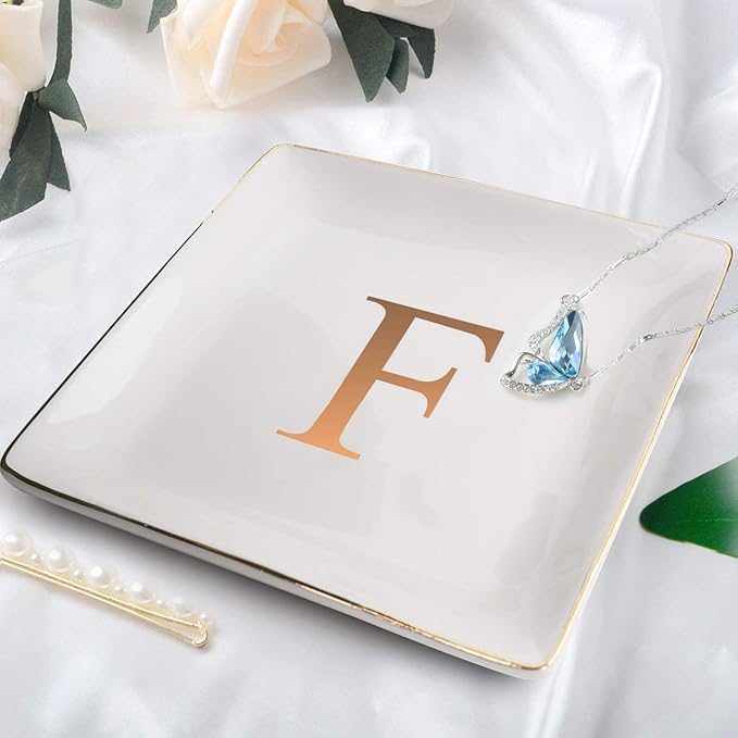 ANOTION Jewelry Tray Ring Dish with Ini-tial Gift- Personalized Trinket Dish and Jewelry Dish with Gold Initials Key Bowl Ceramic Holder, Unique Wedding or Engagement Present