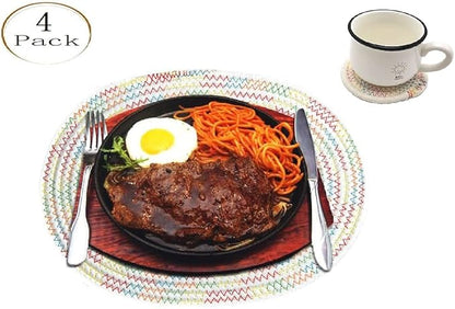 Set of 4 Oval Woven Placemats, Cotton Plate Chargers with 4 Pack Round Coasters, Thick Heat Insulation Household Table Mats Braided Bowl Mats Placemats Fabric Rustic Tablemats for Dining Table
