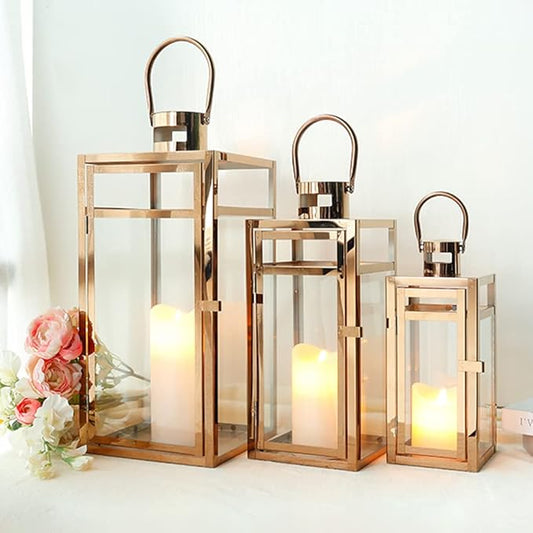 TRIROCKS Set of 3 Stainless Steel Candle Lantern 19'' High Metal Candle Holder with Clear Glass Panels Perfect for Home Decor Living Room Parties Events Tabletop Indoors Outdoors (Rose Gold)