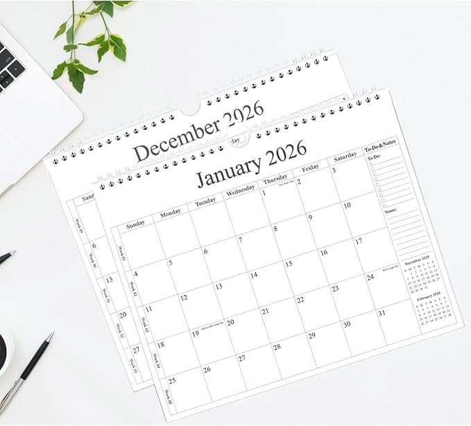 2026 Calendar - Wall Calendar 2026 from January 2026 - June 2027, 18 Months Calendar with Premium Paper, Twin-Wire Binding & Hanging Hook, 12" x 14.5", Black