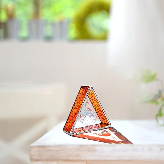H&D HYALINE & DORA Handcrafted Pyramid in Stained Glass, Stained Glass Window Sun Catcher Hangings Ornament, Crystal Ball Prism Decor for Home Table,Orange