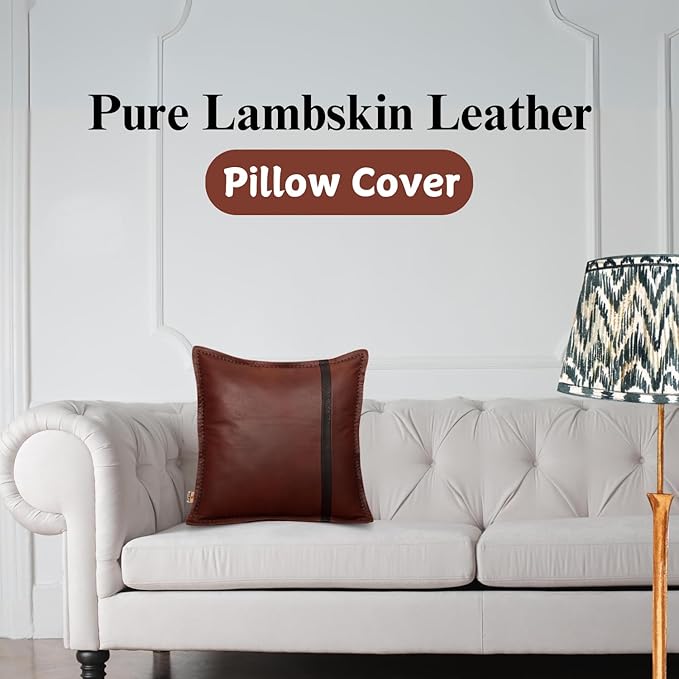 Genuine Lambskin Leather Pillow Cover, 20x20 Inch Case for Lumbar Throw Couch Pillows, Thick & Soft Cushion Covers for Sofa Bed Home Décor (Dark Brown & Black Box Pack of 2)