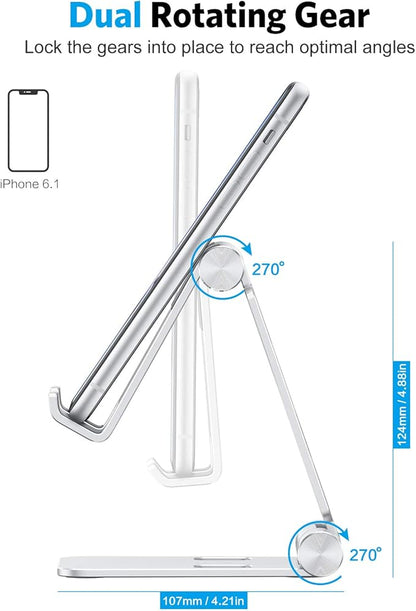 OMOTON Foldable Cell Phone Stand, C4 Portable Aluminum Phone Holder, Adjustable Phone Dock Cradle Compatible with iPhone 17/16/15 Pro Max Air, Samsung Galaxy, Small Tablets, All Smart Phones, Silver