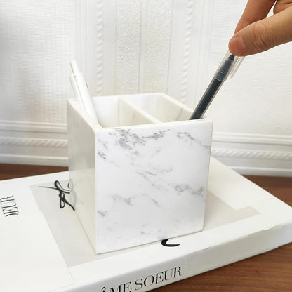 Marble Pen Holder, White Stone, Rectangular Desktop Organizer for Office Study (white 2 layer)