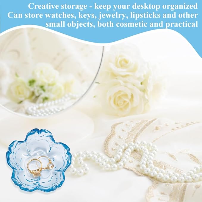 PLIGREAT 4 Pcs Blue Flower Jewelry Dish, Trinket Tray Glass Ring Dish Small Flower Jewelry Tray for Key Earrings Rings Holder Vanity Bathroom Room Decor Gifts for Women