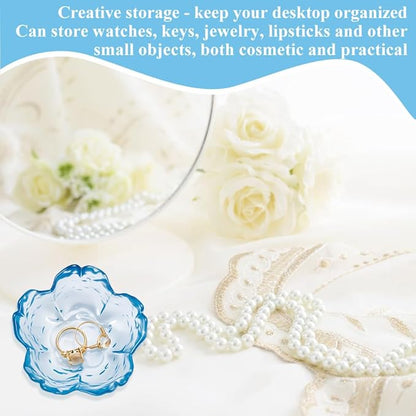 PLIGREAT 4 Pcs Blue Flower Jewelry Dish, Trinket Tray Glass Ring Dish Small Flower Jewelry Tray for Key Earrings Rings Holder Vanity Bathroom Room Decor Gifts for Women