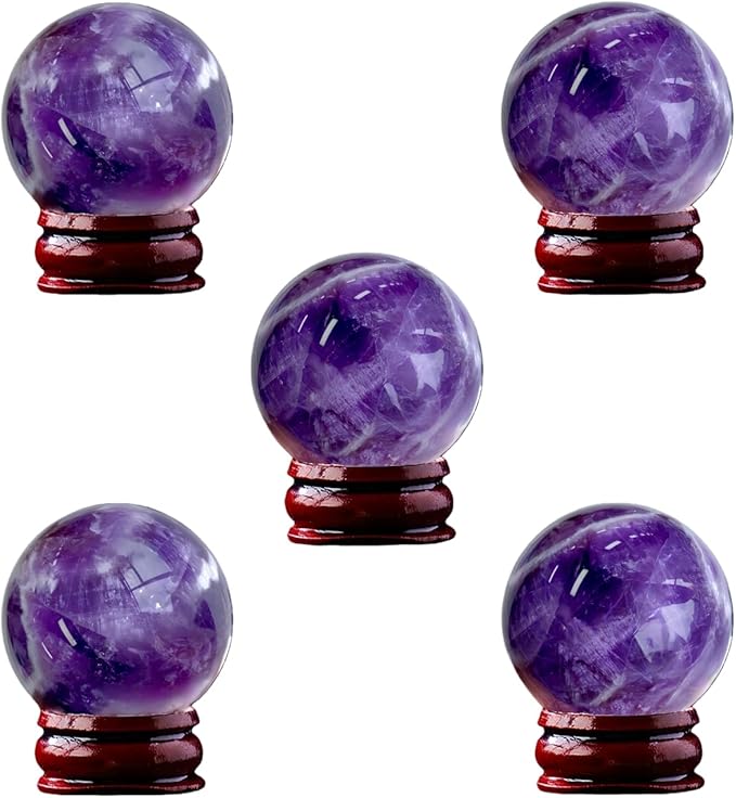 Natural Clear Quartz Crystal Sphere with Stand，5PC Real Crystals Ball, Clear Quartz Small Ball Decor (Amethyst Ball)
