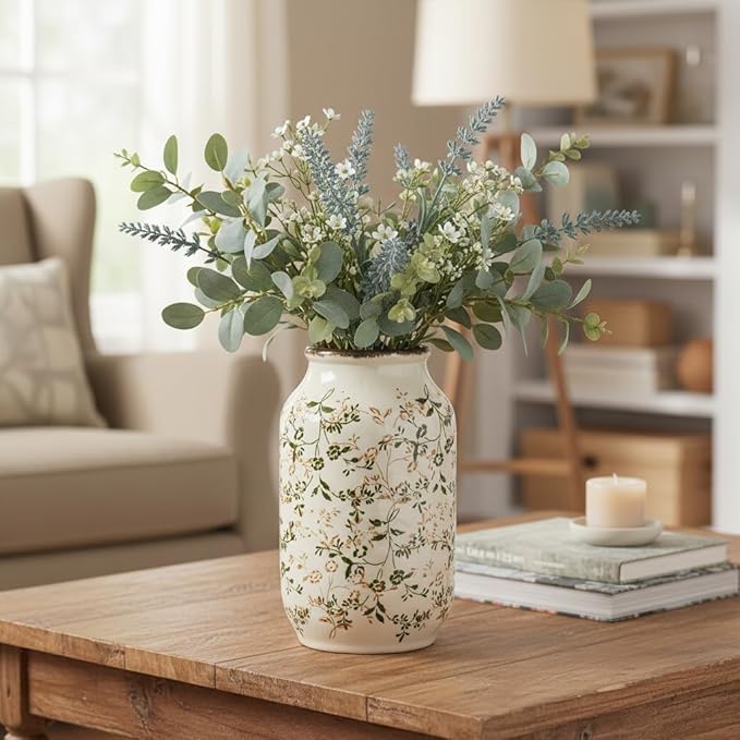 White and Green Vintage Vase, Chinoiserie Floral Vases for Flowers, Rustic Farmhouse Ceramic Vase for Home Decor, Living Room, Shelf, Office, Vintage Room Decor, 9 inch